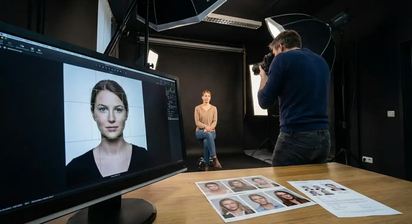 Warum selbstgemachte Passbilder nicht mehr gelten – biometrische Pflicht & zertifizierte Passfotos im Fotostudio München | PM STUDIOS 2 Biometrisches Passfoto in München wird im Fotostudio professionell aufgenommen – Person sitzt vor neutralem Hintergrund, Kamera korrekt ausgerichtet.