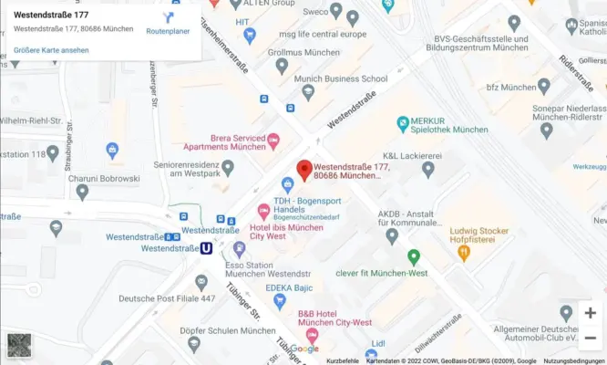 Comp card shooting 5 Google Maps view showing the location of PM Studios at Westendstraße 177, 80686 Munich.