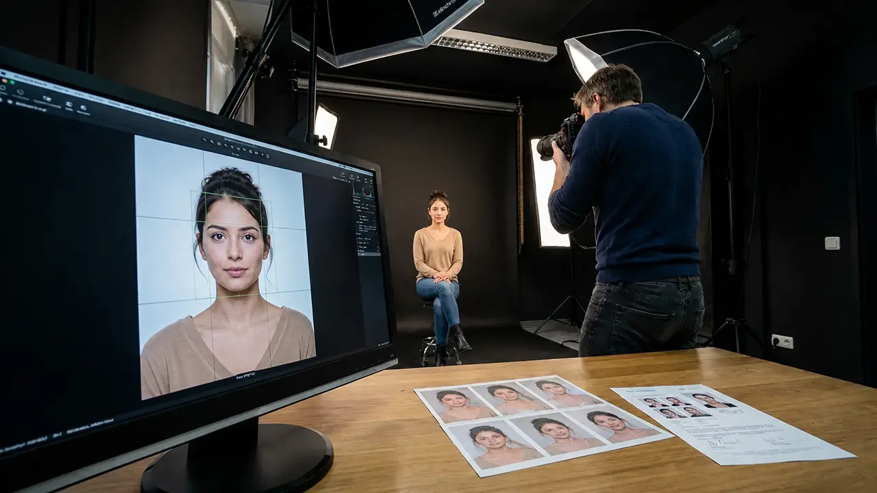 Passbilder München – 20 € inkl. QR-Code | PM STUDIOS 2 Professionelles Fotostudio Setup von PM STUDIOS in München bei der Erstellung eines biometrischen Passfotos mit digitalem Monitor, Lichtanlage und gedruckten Ausweisbildern.