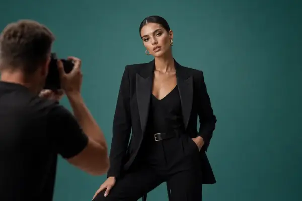 Beauty & Fashion Photos 2 Behind the scenes of a beauty and fashion photoshoot at PM STUDIOS Munich: A professional photographer capturing an elegant woman in a tailored black suit against a deep green studio backdrop.