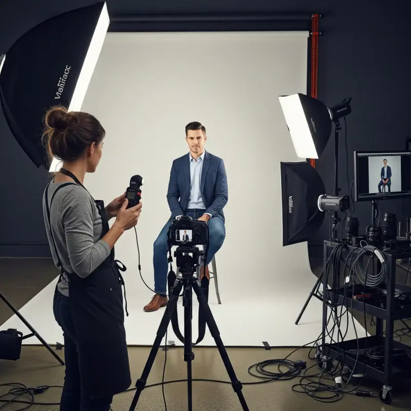 a woman taking a picture of a man in a photo studio