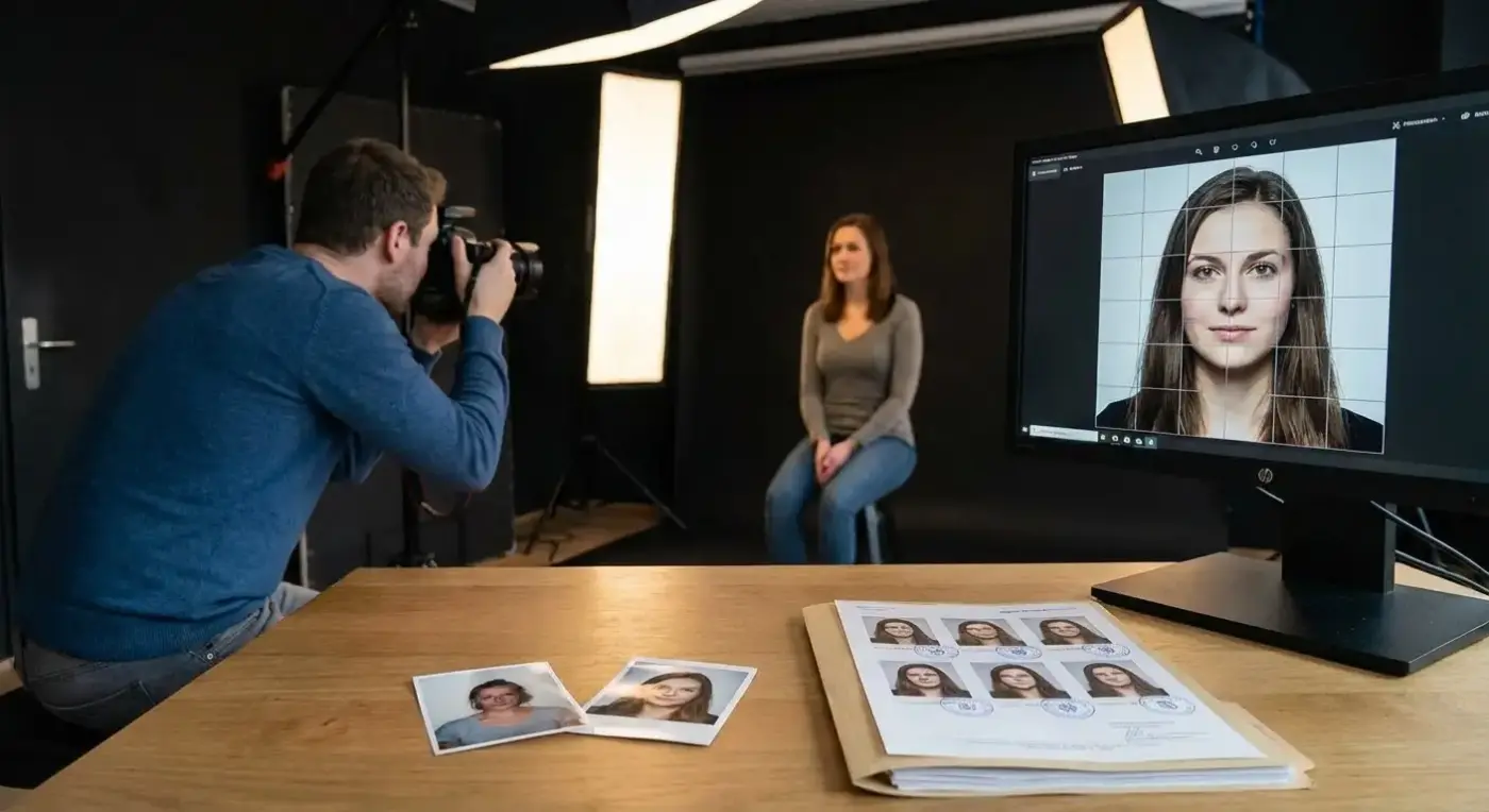 Warum selbstgemachte Passbilder nicht mehr gelten – biometrische Pflicht & zertifizierte Passfotos im Fotostudio München | PM STUDIOS 3 Biometric passport photo being professionally taken in Munich studio — subject seated against neutral background, camera aligned correctly.